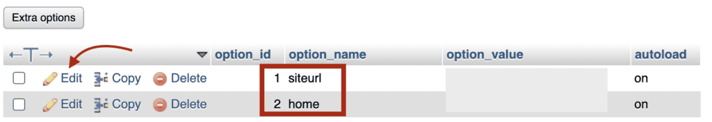 siteurl and home edit via phpMyAdmin